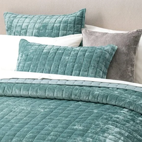 Aqua Green Blue Soft Quilted Squares Velvet Quilt Bedding 3pc Set Queen Size Bed